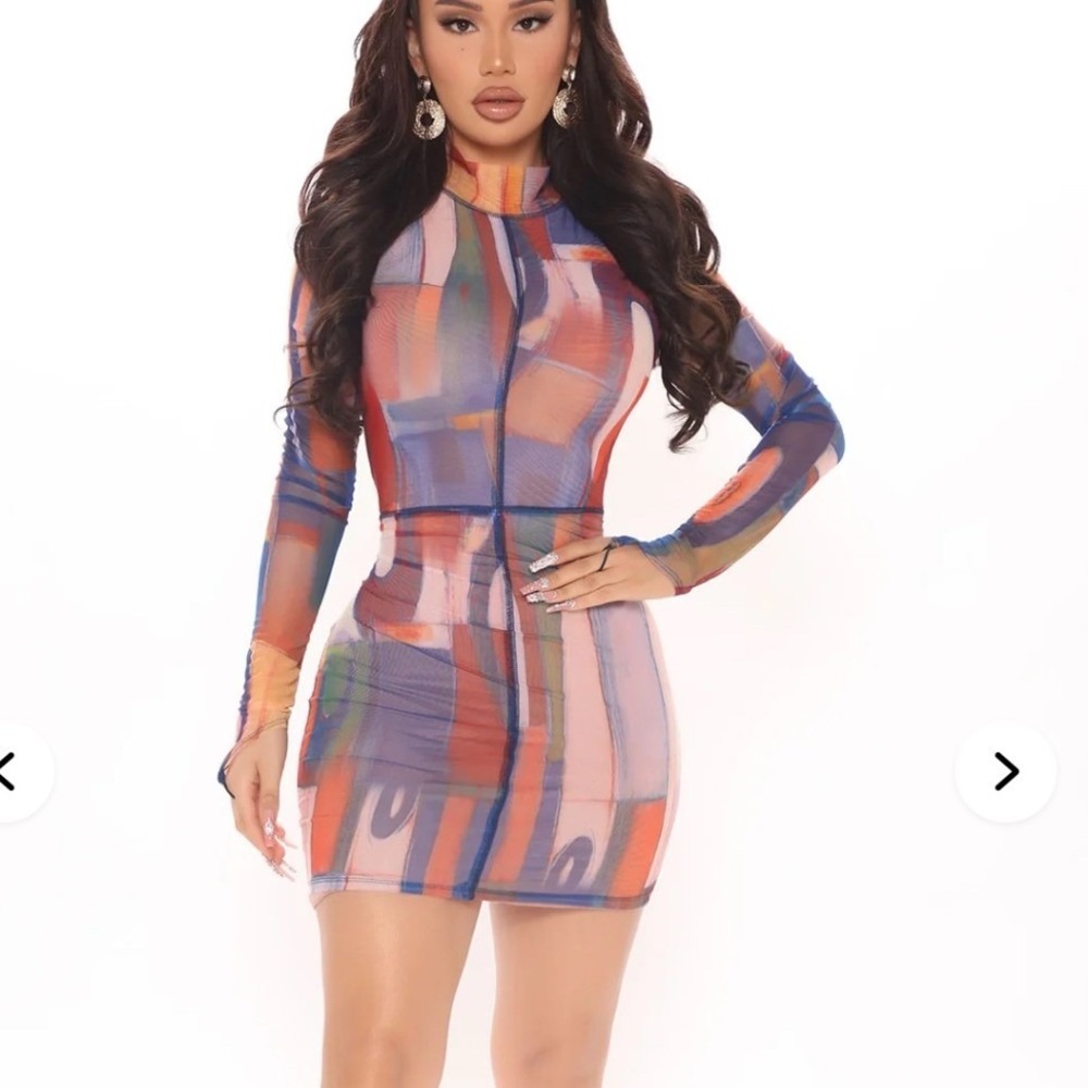 Fashion Nova Hadley Mesh Mini Dress Blue Orange Abstract Mock Neck Long Sleeve L